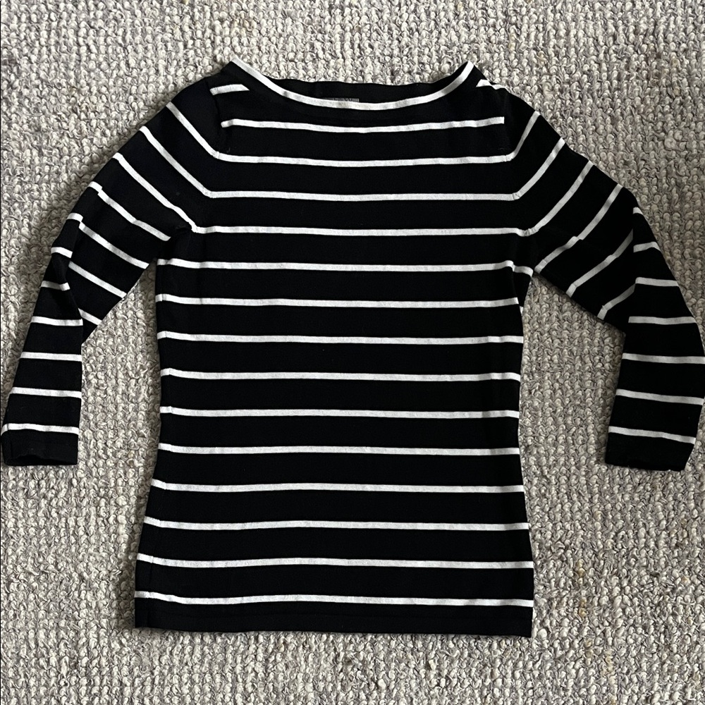 Ann Taylor Factory Striped Cotton Sweater Top 3/4 Sleeve Preppy Coastal Classic